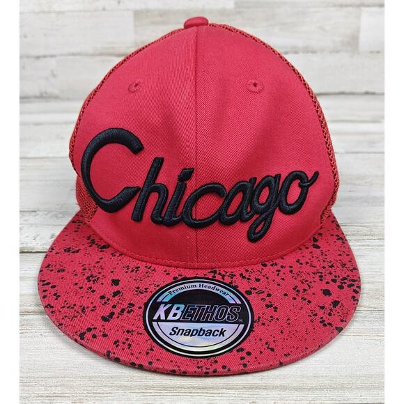KB Ethos Men's Snapback Black Splatter Brim Cap Hat Adjustable Chicago Black Red - Picture 1 of 5